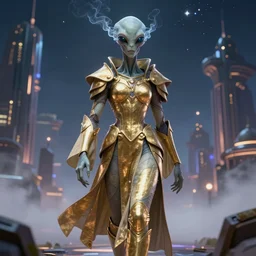 an alien with glowing smoky eyes wearing a long flowing cloth shirt over stylish large golden plate armor walking to a tall alien city!! in the background, night sky with stars, light fog, beautiful colors, cg render, highly detailed, trending on artstation