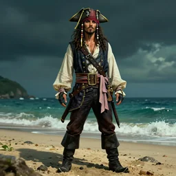 full body, male pirate, at the beach, stylized, artgerm, artstation, hd, cgsociety, cgi, realistic, dramatic, cinematic, artistic, trending, detailed