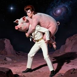 david bowie giving a piggy back ride to ziggy stardust. glam rock. cosmic. peter elson. tex avery. comic