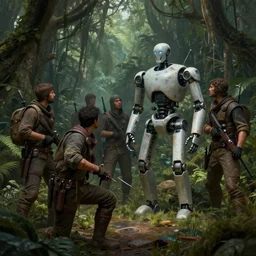 a beautiful highly detailed matte painting of a band of mercenaries finding a robot in a dense jungle underground