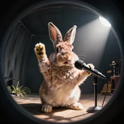 fisheye photograph of a rapping rabbit with a microphone