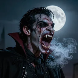 A bloody, menacing vampire opening its mouthx, baring its fangs under the moon, with vapor, twilight, hyperdetailed, hyperealistic, darkart, 4k  -4