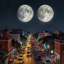 biopunk dhaka city under twin moons, Dhaka traffic, Old Dhaka, Bangladesh, realistic painting, classical painting, high definition, digital art, matte painting, vibrant, mystical, fantasy art, very detailed, realistic