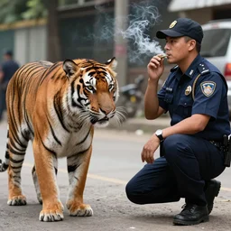 photography of a tiger and a policeman smoking marijuana in the streets