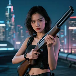 photographic portrait of a techwear woman holding a shotgun, closeup, on the rooftop of a futuristic city at night, a futuristic city in the background, sigma 85mm f/1.4, 4k, depth of field, full color, Die Hard, movies with guns, movie firearms