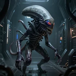 Xenomorph with giant creepy eyes, futuristic hallway, dark, eerie