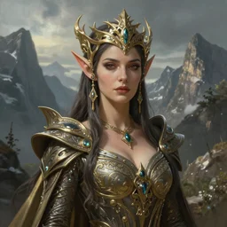 Majestic and regal portrait of a riveting and awe inspiring female High Elf nobility, fantasy mountainous background, intricate, epic, elegant, menacing, fantasy, photo realistic, digital painting, hard focus, beautiful volumetric lighting, epic light, ultra detailed, by Leesha Hannigan, Ross Tran, Thierry Doizon, Kai Carpenter, Ignacio Fernández Ríos