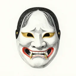 concept art by michelangelo, pencil and watercolor. a japanese mask representing a snake, black and white with red accents