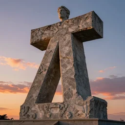 a giant stone statue of the lambda symbol, epic sunset skies in the background, highly detailed digital art by jullie bell