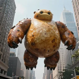Gigantic thwomp floats menacingly over New York City, low angle, realistic