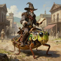 A very highly detailed wild west wizard with a very highly detailed face with spellbooks and potions riding on a very higly detailed large grasshopper insect on the street of a wild west town digital rational painting art by Greg Rutkowski, sci-fi magic highly detailed, digital concept art, sharp focus, realistic concept art by Stephen Hickman and James Gurney and Hiromasa Ogura Ghost in the Shell rendered in Octane Render, From the distance