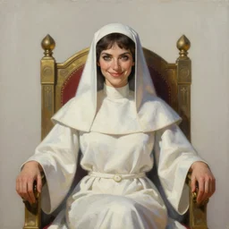 a highly detailed painting of a female priestess with a beautiful face, smirking, piercing eyes, sitting on a throne, art by artgerm, karol bak and mark brooks and greg hildebrandt, centered