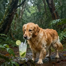 “An impressionist picture of a golden retriever drinking caipirinha in the rainforest”