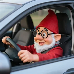 A dwarf with glasses driving a car