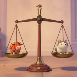 set of balance scales with weights, libra symbol, weighing cow figurine and cat figurine in dish, pixar style