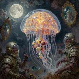 concept art of giant translucent glowing jellyfish brain, renaissance, divers helmet, lots of teeth, melting horror, round moon, rich clouds, fighting the horrors of the unknown, mirrors, very detailed, volumetric light, mist, grim, fine art, decaying, textured oil over canvas, epic fantasy art, very colorful, ornate, anato finnstark