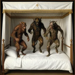 three monsters jumping on the bed with white cloth and baldachin. jan van eyck