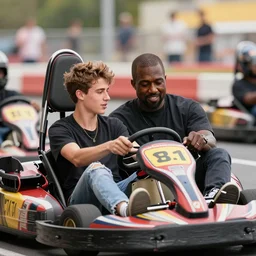pete a davidson and kanye west lovingly share a go kart, hdr, 8 k, bokeh, photorealistic, hyperrealistic, volumetric lighting, octane render