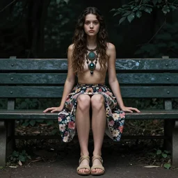 dslr photo of a pretty young woman, sitting on a bench wearing a flower skirt, and body and wearing hemp sandals and a very detailed faerie necklace around neck, artgerm, artstation, very high quality face, extremely high quality, moody lighting, real camera, real photo, photography by deviantart, art by bidun art, 8 k