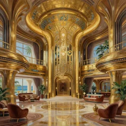 the lobby of the atlantis paradise, a retro futuristic spaceship made of brass bronze gold, art deco influence, hotel style design. beautiful clear well composed painting by artgerm and greg rutkowski.