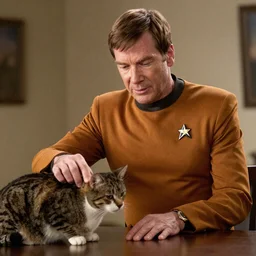 william shatner as Captain Kirk, stroking a cat, while plotting the eradication of his enemies. photo.  hyper-real