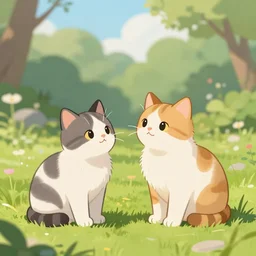 two cute calico cats sitting looking at eachother outside in the grass on a beautiful day, two multi - colored calico cats, artstation, cgsociety, storybook art