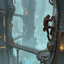 landscape painting of fantasy metal steampunk city that has a light blue glow with walkways and lit windows and a hooded thief in browns leathers climbing one of the tall buildings using a rope, fine details, magali villeneuve, artgerm, rutkowski