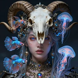 isis goddess macro close - up portrait with crown made of ram skull + betta fish + jellyfish, bioluminiscent, plasma, wind, creature, super intricate ornaments artwork by tooth wu and wlop and beeple and greg rutkowski