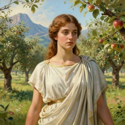 a closeup photorealistic photograph of girl weared roman toga painting canvas showing fantasy apple orchard. film still. brightly lit scene. mountains and trees. this 4 k hd image is trending on artstation, featured on behance, well - rendered, extra crisp, features intricate detail, epic composition and the style of unreal engine.