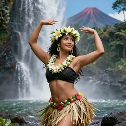 hula dancer | | dancing in front of a waterfall, hawaii, volcano in the background, realistic shaded, pleasant face, fine details, medium shot, portrait, realistic shaded lighting poster by greg rutkowski, artgerm, kyoto animation and alphonse mucha