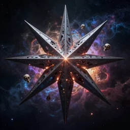 dark art, twelve pointed star space fortress, glowing, multicolored nebula, skulls, hyperdetailed, hyperrealistic, digital art, artstation, cinematic, concept art, 4k, 8k