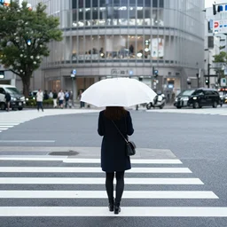 a lonely woman with an umbrella waiting to cross shibuyas crossing in japan, back facing the camera, rainy afternoon, beautiful volumetric lighting, intricate, digital painting, cyberpunk colours