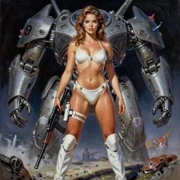 A mixed media portrait painting of a very beautiful light-brown-haired woman on an alien planet, very curvy, aesthetic! high-waisted white-bikini-armor and boots, cybernetics, starship-troopers-rifle, aesthetic symmetrical face and eyes, model, wet, pacific-rim-mech in background, by Frank Frazetta, Boris Vallejo, Beeple, Greg Rutkowski, Christian MacNevin, eighties pinup style, epic fantasy character art, high fantasy, CGsociety, exquisite detail, post-processing, masterpiece, cinematic