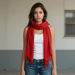 portrait of a los angeles female gang member, wearing a red scarf, a white tank top, and jeans, by donato giancola.