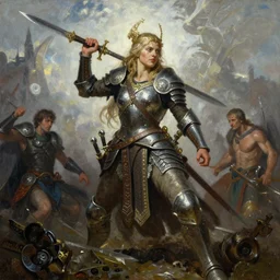 An oil painting of a celtic berserker woman with daggers by Frank Frazetta, Greg Rutkowski, Boris Vallejo, epic fantasy character art, Exquisite detail, elven armor, post-processing, low angle, masterpiece, cinematic
