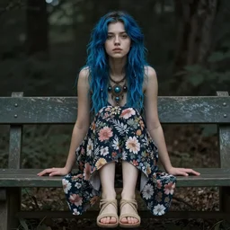 dslr photo of a pretty young woman with blue hair, sitting on a bench wearing a flower skirt, and body and wearing hemp sandals and a very detailed faerie necklace around neck, artgerm, artstation, very high quality face, extremely high quality, moody lighting, real camera, real photo, photography by deviantart, art by bidun art, 8 k