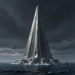 star wars concept art by greg rutkowski, a palatial and imposing grey tall triangular pyramid tech tower emerging from the sea in the middle of a ocean landscape, enigmatic atmosphere, beautiful and cinematic lighting, artstation hq.