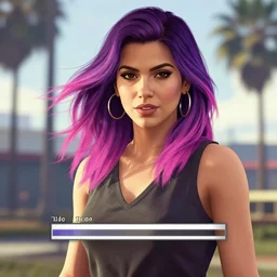 a stunning GTA V loading screen with a beautiful woman with ombre hairstyle in purple and pink blowing in the wind, digital art, trending on artstation