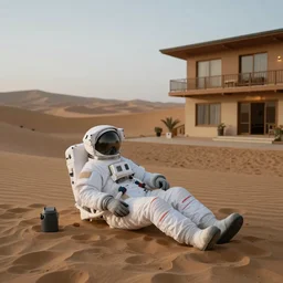 an astronaut relaxing at a hotel in the middle of the desert, digital art, 8k, realism, ambient lighting, atmospherical