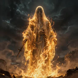 portrait of a ghost burning in the ominous sky, illuminated by the gods, Cinematic lighting, insanely detailed, trending on artstation, golden ratio, concept art by Agesandro de Rodas & Emil Melmoth