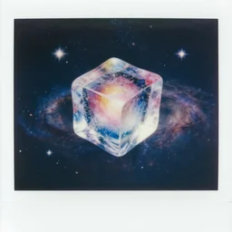 a colorful giant ice cube floating in the universe, galaxies and stars in the background, polaroid photo style, retro effect, high details, only one ice cube