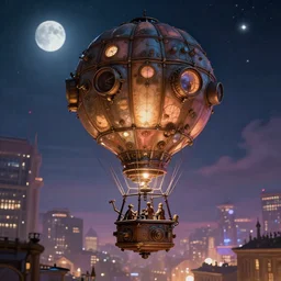 a stunning fantasy scene of a steampunk hot - air balloon flying over a lit city at night | highly detailed | very intricate | disney | magic the gathering | steampunk | chiaroscuro | dramatic romantic epic breathtaking whimsical magical | bokeh moon stars | professional cinematic lighting | award - winning | painted by marc simonetti and anton fadeev | pastel color palette | featured on artstation