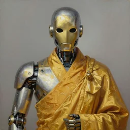 portrait of zenyatta ( from overwatch ) the robot zen monk, a robot monk made of metal ( gold and silver ) with simple mouthless faceplate + wearing zen robes, detailed realism in painting, detailed beautiful portrait, oil painting masterpiece, 8 k resolution, smooth, sharp focus, trending on artstation, by rembrandt