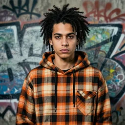highly detailed portrait of a sewer punk guy, tartan hoody, ringlet hair by atey ghailan, by greg rutkowski, by greg tocchini, by james gilleard, by joe fenton, by kaethe butcher, gradient orange, black, cream and white color scheme, grunge aesthetic!!! ( ( graffiti tag wall background ) )