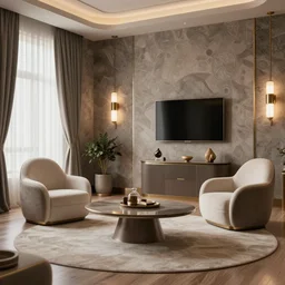 A room with futuristic furniture,  wallpaper on the walls, highly detailed, high definition, sharp focus,