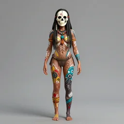 woman, Amazon tribe, body paintings, full character, character concept,skull mask, long hair, dred, full body shot, many colors, colorful, all colors, highly saturated colors, Dan Mumford, Peter Mohrbacher, Alfons Mucha, fantasy character, detailed illustration, hd, 4k, digital art, overdetailed art, concept art, trending on artstation