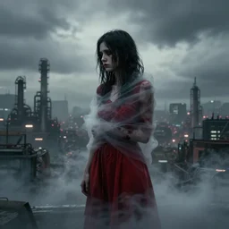 mysterious sad rotten girl wrapped in smoke and a red dress is observing a big industrial city metropoli in the distance, cloudy sky, cyberpunk 2 0 7 7
