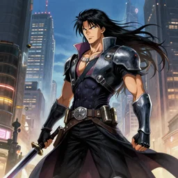 samuel rodriguez from metal gear rising revengeance with long hair with his muramasa in the city by greg rutkowski