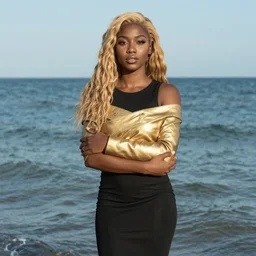 portrait of an african girl with long blond hair in a black dress, standing in the ocean, very beautiful style, girl wrapped in gold leather, photorealism edgard maxence, john singer sargent