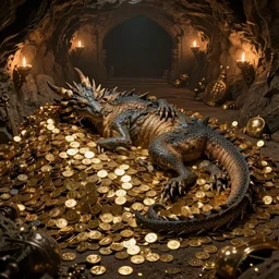 a very old dragon laying down and sleeping on a huge pile of gold coins and treasures, scattered about, in a cave, dark - lit with torches along the walls, with many gold coins, many treasures, piled around, very high detail, 8 k, artstation